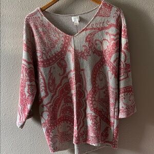 Chico's Knit Sweater 2/Large Tan Orange Paisley V-Neck 3/4 Sleeve